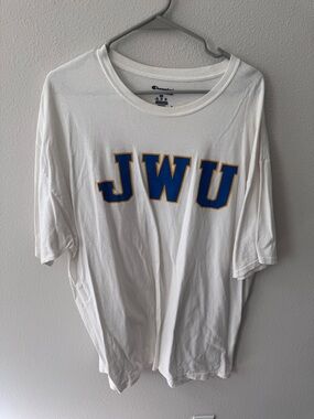 Champion White Tee with Blue and Gold JWU Letters